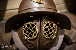 Roman helmet on display, Roman Bath, Caerleon, Wales