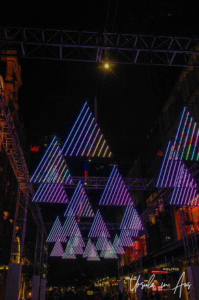 Overhead stylised christmas tree lights, Sydney street, Australia