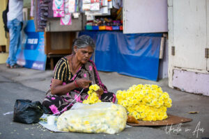 Indian woman making flower garlands, Chennai, Tamil Nadu India