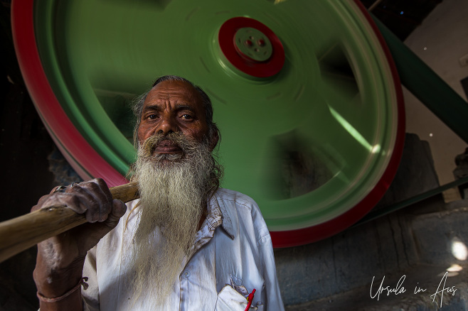 Portrait: Elderly Indian man with a beard and a mallet, Bengani Marbles, Rajasthan India
