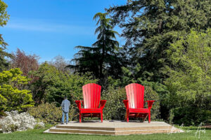 Giant red wooden chairs, VanDusen Gardens, Vancouver BC Canada.