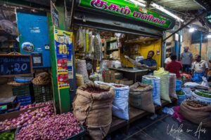 Hessian bags of produce, Goubert Market, Puducherry, India.