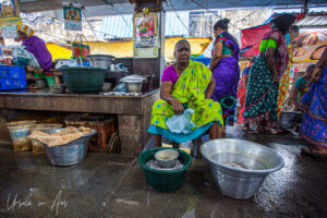 Woman in a green sari, Goubert Market, Puducherry, India.