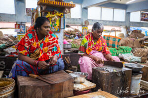 Two women seated at wooden cutting blocks, Goubert Market, Puducherry, India.