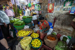 Baskets of produce, Goubert Market, Puducherry, India.