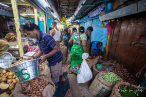 Crowded market aisle, Goubert Market, Puducherry, India.