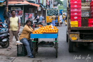 Man with a cart laden with oranges, Puducherry, India.