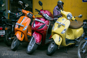 Parked shiny new scooters, Heritage Town, Puducherry India