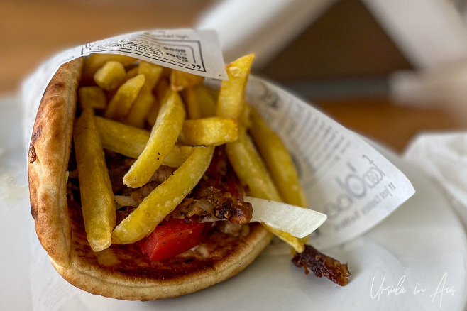 Gyros with chips wrapped in pita bread, Kato Elounda, Greece