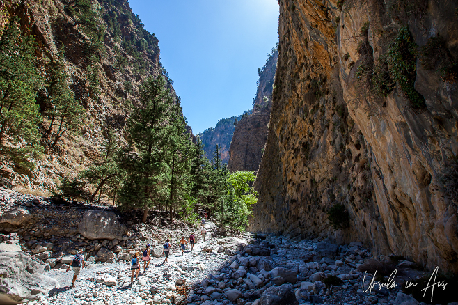 Walkers through the canyon of Samaria Gorge, Crete, Greece