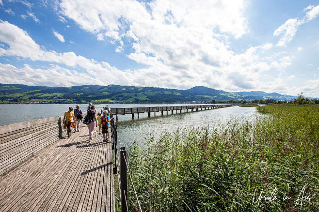 Walkers on the Rapperswil–Hurden boardwalk, Switzerland.