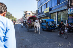 Pony cart, tuk-tuk, bicycle and scooter in a Haridwar street, India