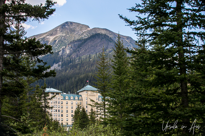 Fairmont Château Lake Louise through the trees, Alberta Canada.
