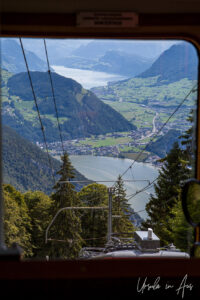 View over the valley and Lake Alpnach from a Pilatus cog rail car, Switzerland.