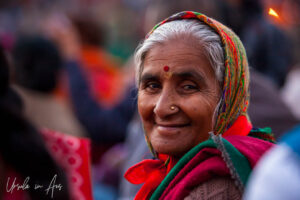 Environmental portrait: Smiling Indian woman, Haridwar India