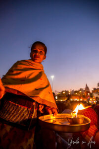 Young woman with a lamp, Haridwar, India