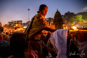 Woman with an aarti lamp, Haridwar, India