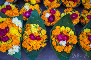 Floral offerings on banana leaves, Ganges, Haridwar India
