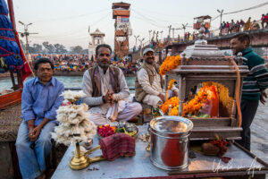 Men with a shrine and religious paraphernalia, Har Ki Pauri, Haridwar, India