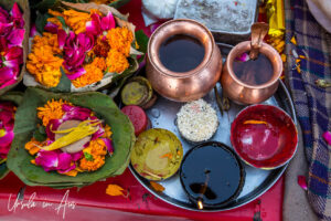 Copper containers of foods, flowers and liquids, Har Ki Pauri, Haridwar, India