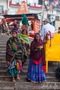Women in decorated scarves, Har Ki Pauri, Haridwar, India