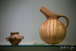 Neolithic striped jug and handled pot, Heraklion Archaeological Museum, Crete Greece.