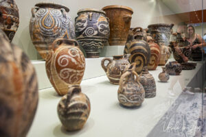 Decorated Kamares ware pots, Heraklion Archaeological Museum, Crete Greece.