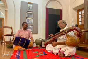 Two Tamil men: on a veena and a drum, Svatma, Thanjavur India