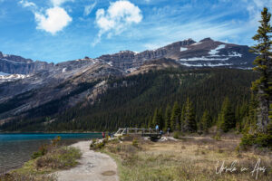 Bridge on the shore of Bow Lake, Highway 93N, Banff Alberta Canada