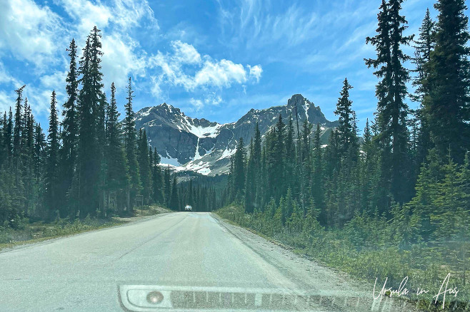 Through a car windscreen: Highway 93N, Banff Alberta Canada 