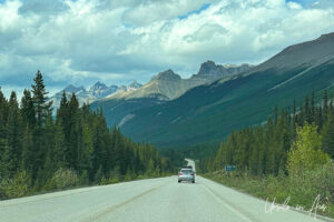 Through a car windscreen: Highway 93N, Banff Alberta Canada