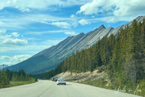 Through a car windscreen: Highway 93N, Jasper Alberta Canada