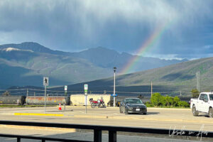 Rain and a rainbow, Jasper Carpark, Alberta Canada