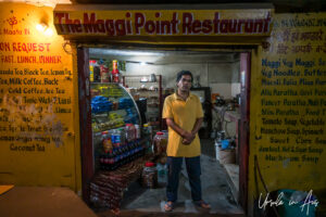Environmental portrait: The shopkeeper, Maggi Point Restaurant, Kunjapuri Temple, Uttarakhand, India