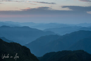 Landscape: Blue hills under a pale morning sky, Kunjapuri Temple, Uttarakhand, India