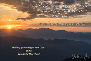 Landscape: Orange sky and popcorn clouds, Kunjapuri Temple, Uttarakhand, India Text: Happy New Day - Happy New Year