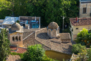 Tiled roof of an Orthodox church from the Acropolis, Athens, Greece.