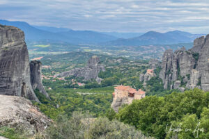 View over the monasteries of Meteora from the Psaropetra Lookout, Greece.