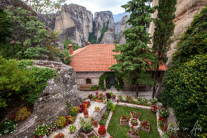 Looking over the gardens of Holy Monastery of Roussanоu Saint Barbara, Meteora, Greece