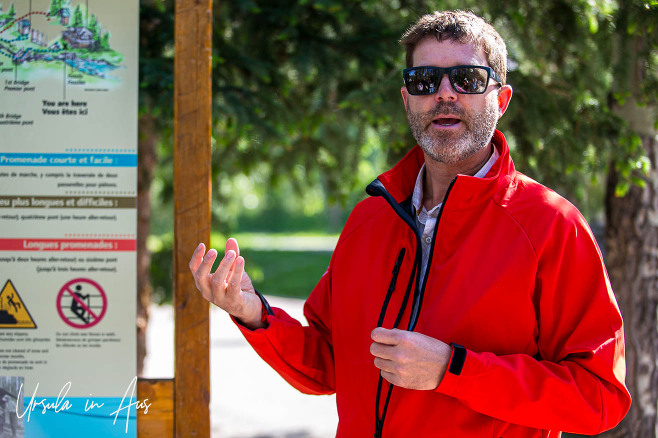 Portrait: Man in sunglasses and red jacket, Maligne Canyon, Jasper Alberta