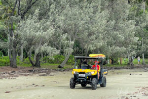 Lifesaver in a sand buggy, Four Mile Beach, Port Douglas, Queensland Australia
