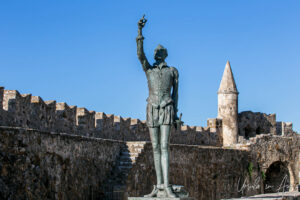 Statue of Cervantes, the Venetian port of Nafpaktos, Greece.