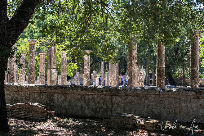 The Temple of Zeus, Olympia Greece, through the trees.