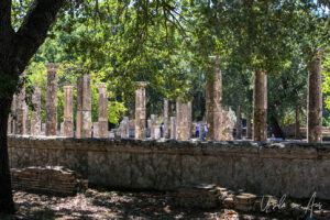 The Temple of Zeus, Olympia Greece, through the trees.