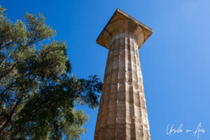 Pillar in the Temple Of Zeus against a blue sky, Olympia Greece.