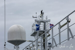 Radar equipment and flags on a BC Ferry, the Inside Passage, Canada.