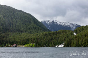 Butedale buildings and waterfall, Inside Passage, Canada.