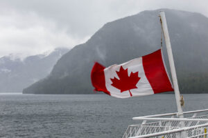 Canadian flag on the stern of a BC Ferry, the Inside Passage.