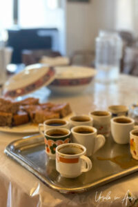 Coffee cups and squares of Greek Delight at the Prodromou Monastery, Stemnitsa, Greece