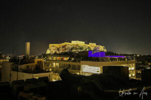 Night lights on the Acropolis from Hotel Electra, Athens Greece